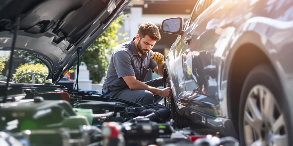 Professional mobile mechanic performing diagnostics on a vehicle in a Mesquite driveway, demonstrating convenient at-home car repair service