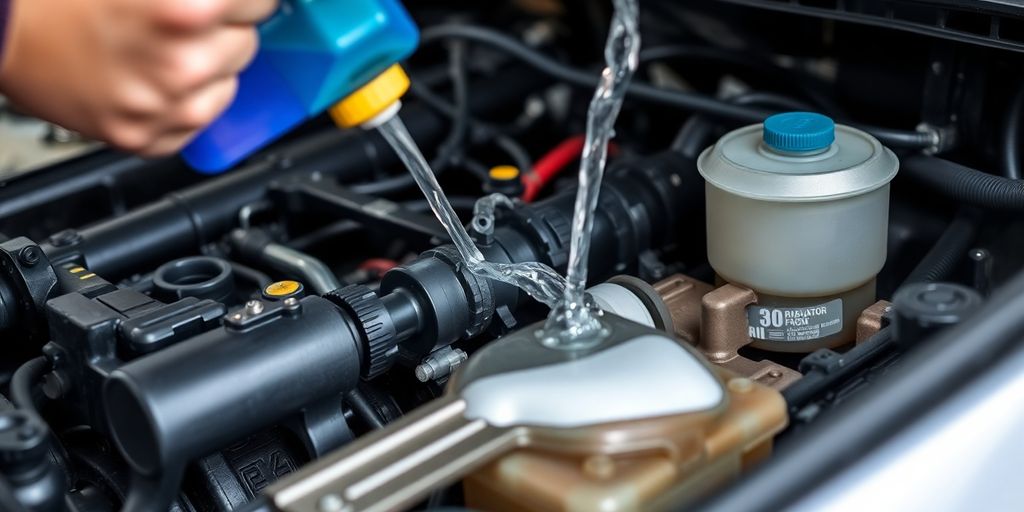 Mechanic flushing a car radiator in a garage.